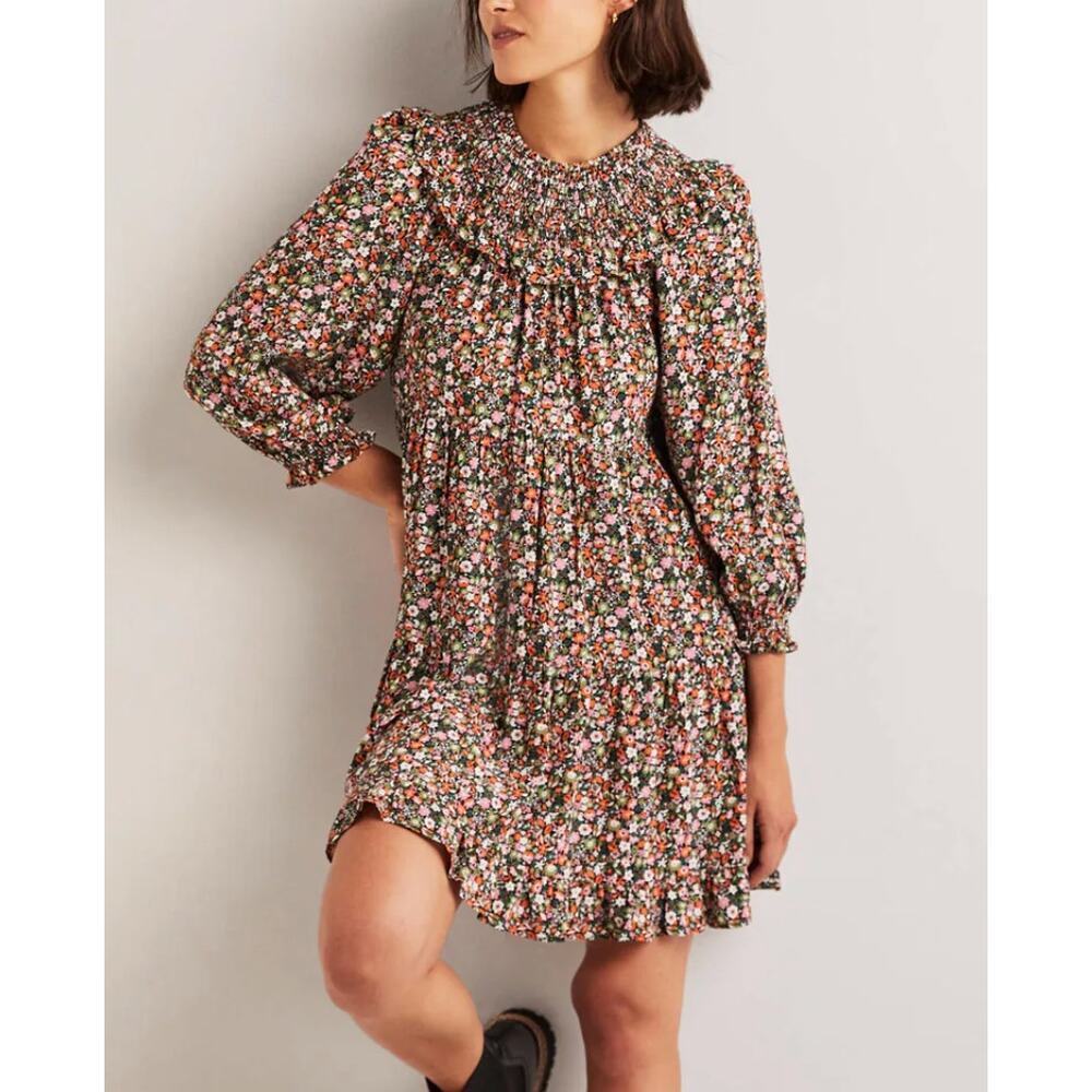 BODEN Smocked Ruffle Yoke Tiered Dress 3/4 Sleeve Ditsy Floral Cottagecore